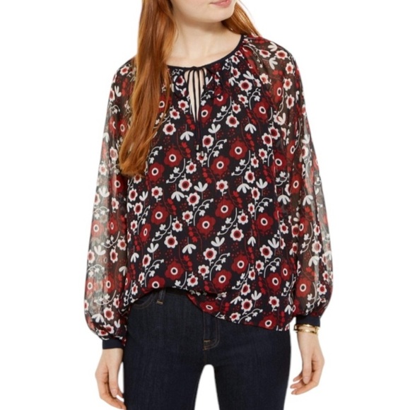 NWOT Tommy Hilfiger Red & Navy Blue Sheer Floral Blouse Size XXL - Picture 1 of 14